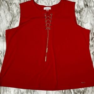 Calvin Klein Red Sleeveless Tank Top with Golden Metal Lace-Up Detail Sultry Fun